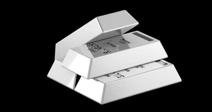 Silver bullion bars rotation animation seamlessly loopable. 3D rendering isolated on transparent background