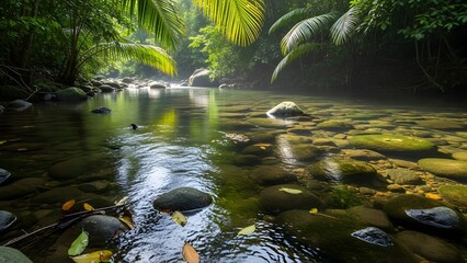 Serene river flowing through a dense lush forest with rocks and leaves in the calm water