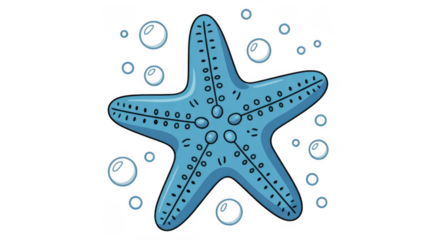 Blue starfish with bubbles underwater sea star ocean isolated on a transparent background