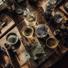 Glass bottles and dry color pigments scattered across a wooden tabletop in a studio setting