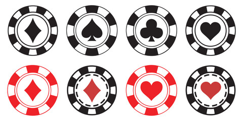 Poker chips black icons vector set. Playing poker concept. Isolated Casino poker chip logo. Poker symbols. Vector illustration.