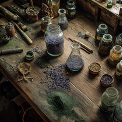Glass bottles and dry color pigments scattered across a wooden tabletop in a studio setting