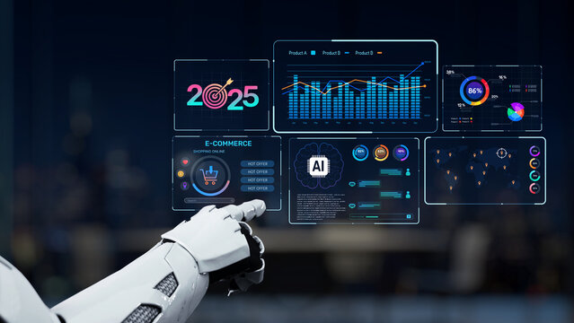 A robotic arm points to interactive data visualizations focused on e-commerce and artificial intelligence, depicting future trends and insights for 2025. Synapse