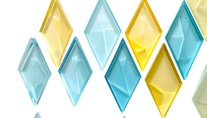 Close-up of glossy, diamond-shaped tiles in alternating light blue and yellow hues against a transparent backdrop