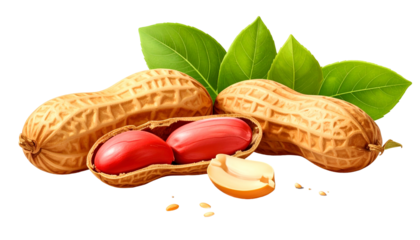 Close-up studio shot of peanuts with green leaves on a transparent background. One open peanut reveals the red seeds and a split one