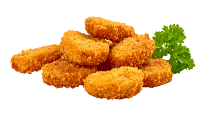 Close-up of golden-brown, crispy-coated, bite-sized poultry pieces arranged on a black background with a sprig of fresh, green garnish