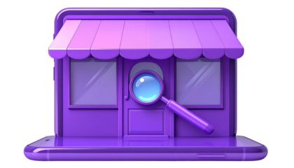 3D render of purple shop-like structure on a phone screen, with magnifying glass in front of door