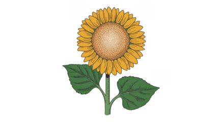 Yellow sunflower with green leaves yellow petals plant isolated on a transparent background