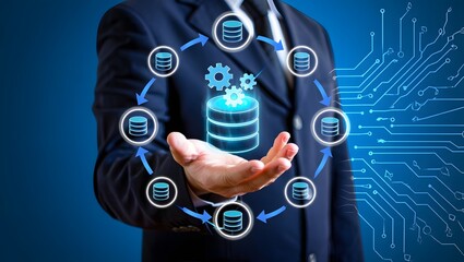 Data integration and ETL process. Data pipeline and data warehouse. Engineer holding database icons.