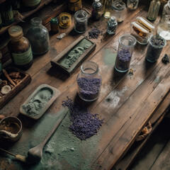 Glass bottles and dry color pigments scattered across a wooden tabletop in a studio setting