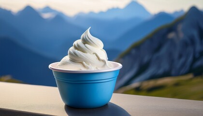 Delicious Soft Serve Ice Cream In Blue Cup With Mountain Background