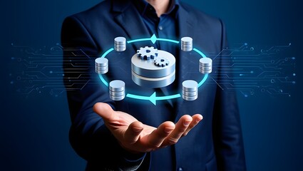 Data integration and ETL process. Data pipeline and data warehouse. Engineer holding database icons.