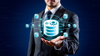 Data integration and ETL process. Data pipeline and data warehouse. Engineer holding database icons.