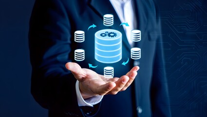 Data integration and ETL process. Data pipeline and data warehouse. Engineer holding database icons.