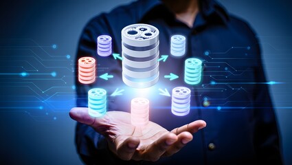 Data integration and ETL process. Data pipeline and data warehouse. Engineer holding database icons.