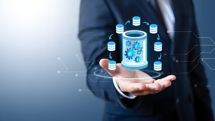 Data integration and ETL process. Data pipeline and data warehouse. Engineer holding database icons.