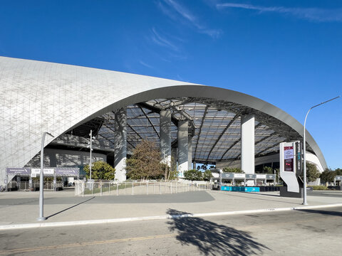 Inglewood, CA, USA - November 14, 2024: Sofi Stadium is home to the NFL Los Angeles Rams and Chargers. The state-of-the-art building is a past and future site for the Super Bowl and Olympics.