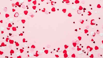 Valentine's Day celebration background with red and pink heart confetti