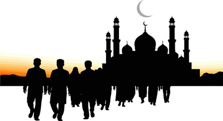 Fototapeta premium People walking towards mosque silhouette during sunset or sunrise prayer time