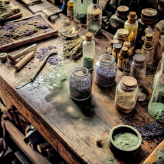 Glass bottles and dry color pigments scattered across a wooden tabletop in a studio setting