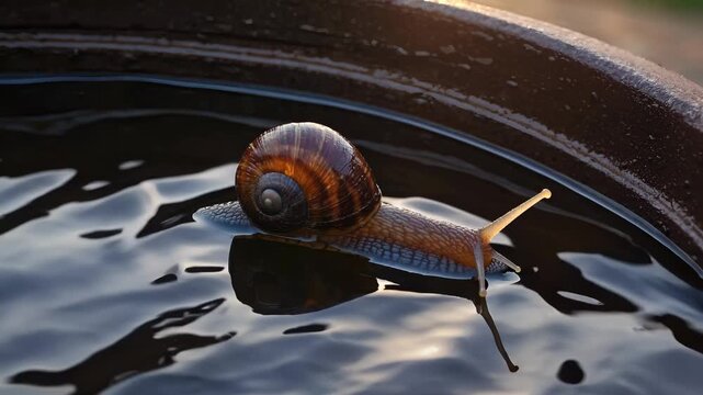 A snail glides slowly across the surface of a calm water-filled container. The snail's shell glistens in the sunlight, highlighting its intricate patterns.