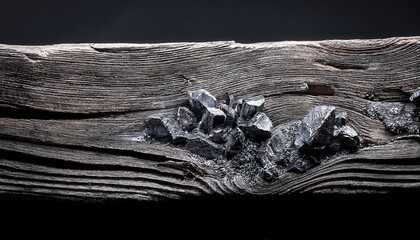 Tight Close Up Shot Of Aged Wooden Surface With Grayscale Metallic Minerals On Black Matte Backdrop
