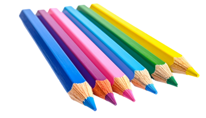 Close-up of six vibrant colored pencils arranged diagonally, showcasing their sharpened tips and wooden bodies