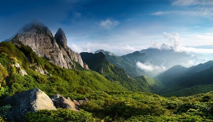 Misty Mountain Landscape With Lush Greenery And Rocky Elements