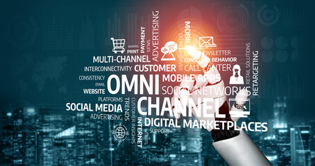 Fototapeta premium This image showcases a modern approach to omni-channel marketing, highlighting key concepts such as advertising, digital platforms, and customer engagement in a dynamic urban backdrop. Tessel