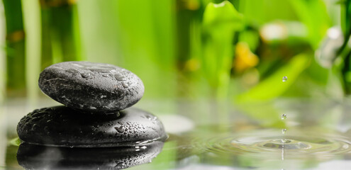 Lake with stack of spa stones in tropical garden