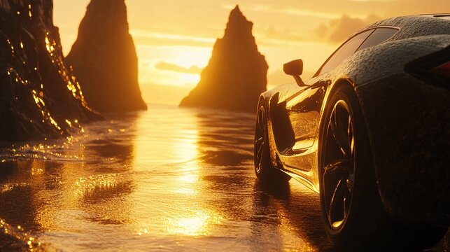 Sunset scene with a car parked on a beach near rocky formations and reflection of sunlight on water creating a dramatic landscape at dusk - Powered by Adobe