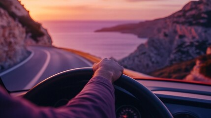 Sunset drive along coastal road with view of sea and rocky cliffs on the horizon near the shore