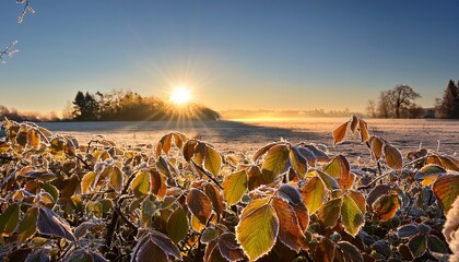 Frosty Morning Leaves Shine In The Sunlight Under A Clear Sky