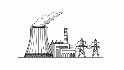 Nuclear Power Plant Illustration with Cooling Tower.