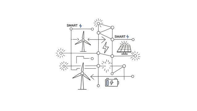 Renewable Energy Diagram with Solar Panels and Turbines.