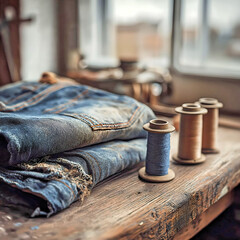 Concept of fabric recycling, slow fashion, and creative textile reuse in a minimalist workshop environment.