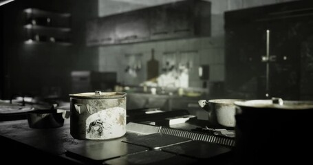 An abandoned kitchen displays worn cooking pots and pans, with remnants of past culinary creations. Dim lighting enhances the atmosphere of neglect and forgotten meals.