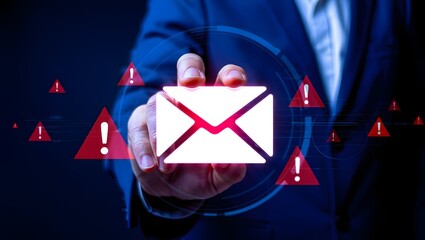 Email security software detecting phishing or scam mail and displaying warning alert. Business person touching email icon to delete malicious emails.
