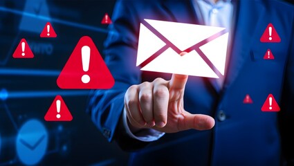 Email security software detecting phishing or scam mail and displaying warning alert. Business person touching email icon to delete malicious emails.