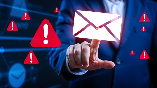 Email security software detecting phishing or scam mail and displaying warning alert. Business person touching email icon to delete malicious emails. - Powered by Adobe