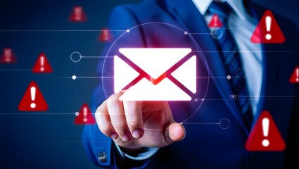 Email security software detecting phishing or scam mail and displaying warning alert. Business person touching email icon to delete malicious emails.