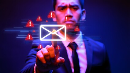 Email security software detecting phishing or scam mail and displaying warning alert. Business person touching email icon to delete malicious emails.