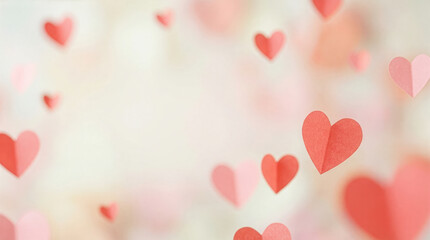 Colorful paper hearts float in the air during a decoration event in a festive space with bright, cheerful colors and a joyful atmosphere