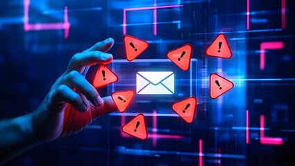 Email security software detecting phishing or scam mail and displaying warning alert. Business person touching email icon to delete malicious emails.