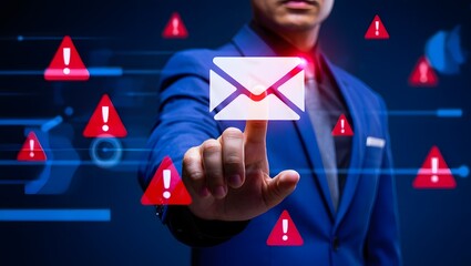 Email security software detecting phishing or scam mail and displaying warning alert. Business person touching email icon to delete malicious emails.