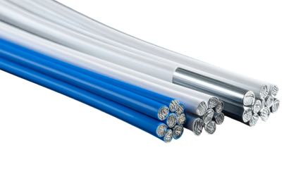 Close-up studio shot reveals neatly bundled, color-coded electrical cables. A mix of white, blue, and metallic are shown