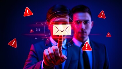 Email security software detecting phishing or scam mail and displaying warning alert. Business person touching email icon to delete malicious emails.