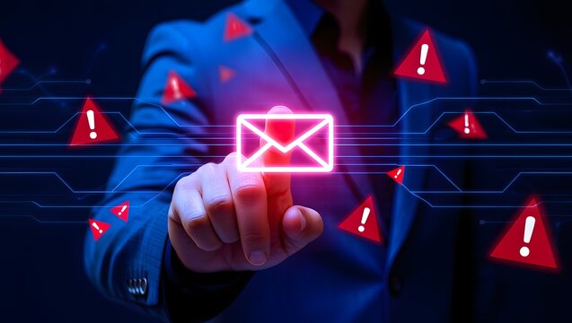 Email security software detecting phishing or scam mail and displaying warning alert. Business person touching email icon to delete malicious emails. - Powered by Adobe