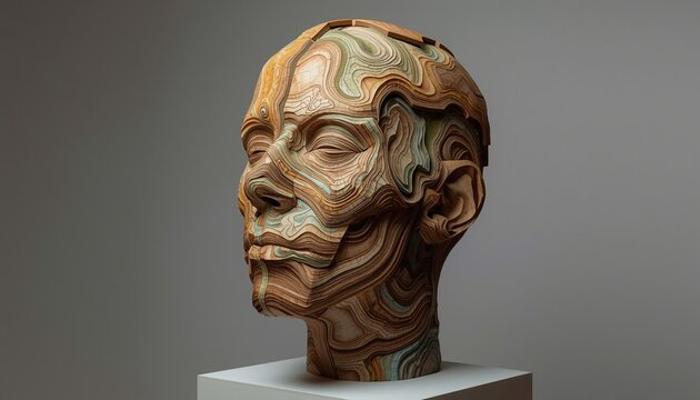 A wooden sculpture of a human head with intricate swirling patterns on its surface