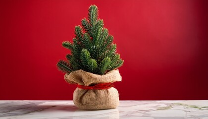A Live Miniature Christmas Tree Bundled In Burlap On A Marble Table With A Red Background